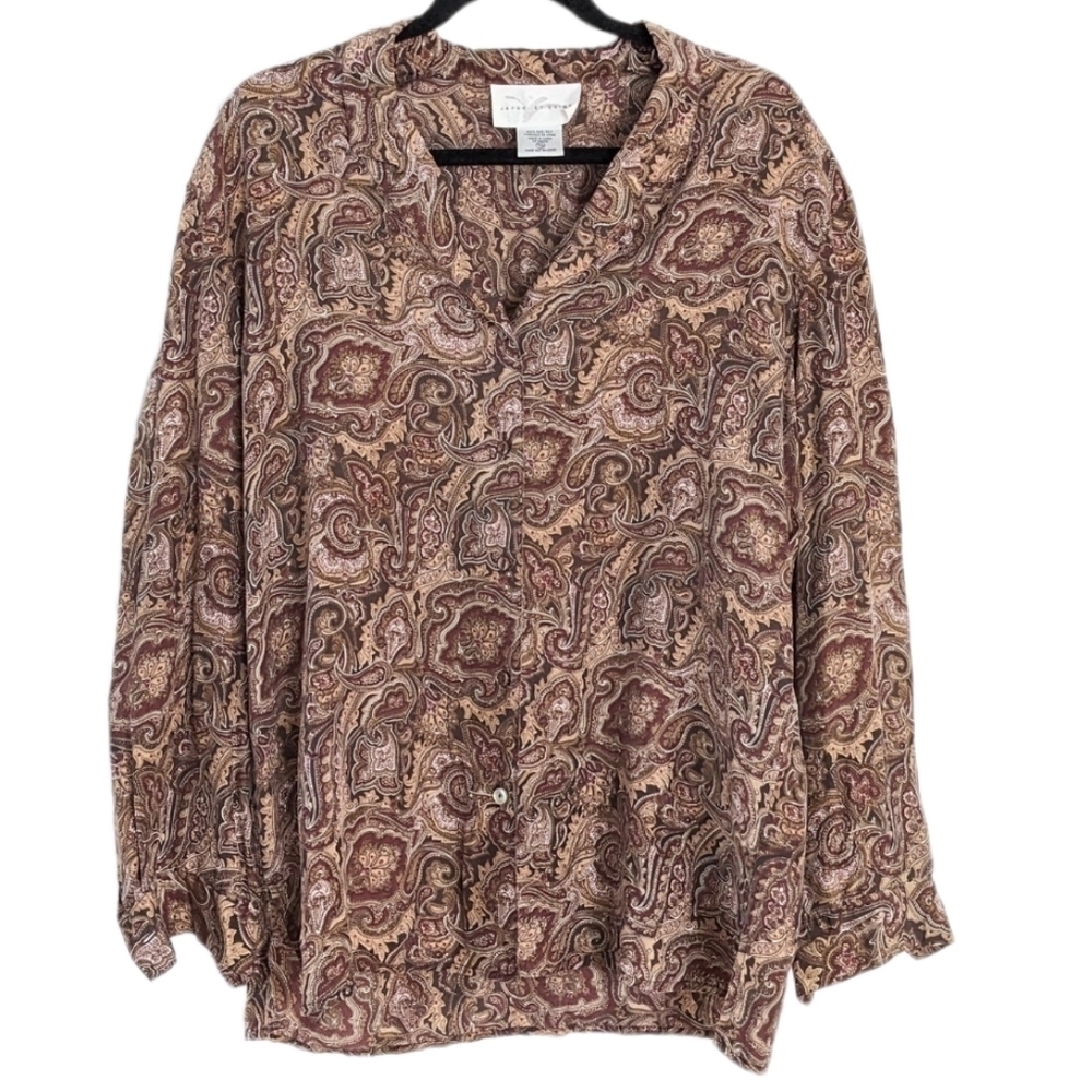 Vintage Japon et Chine Brown paisley boho 100%silk oversized blouse shirt Medium